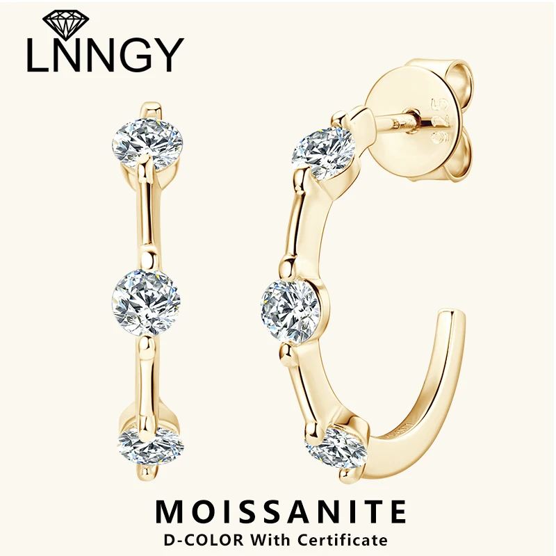 Lnngy Certified 3mm Moissanite Earrings for Women 925 Sterling Silver Unique C-shaped Stud Earring Classic Fine Jewelry Gifts