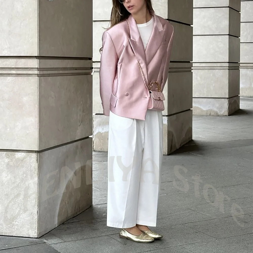 Pink Glossy Satin Women Suit Cropped Blazer Double Breasted Peak Lapel Short Jacket Straight Pants Elegant Dating Party Outfit