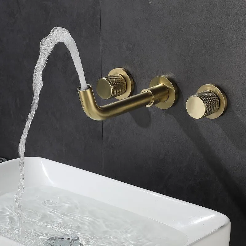 

Wall Mounted Water Tap Bathroom Faucet Brushed Gold Bathroom Basin Faucet Cold And Hot Brass Sink Mixer Sink Tap Single Handle