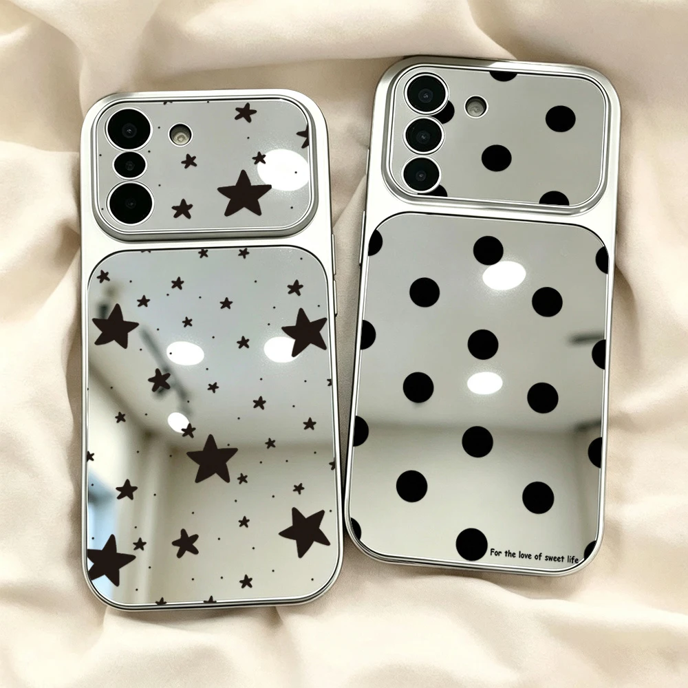 INS Korean Makeup Mirror Phone Case For Samsung A57 A17 A07 A37 A56 5g S26 S25 S24 S23 Ultra FE A16 A55 A54 Polka Dots Bow Cover