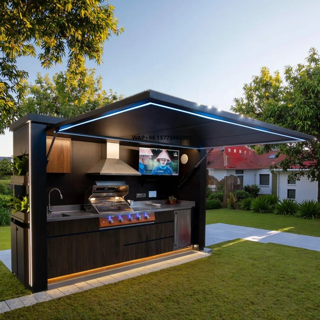 Modern Stainless Steel Kitchen Cabinet for Gas BBQ Grill Outdoor Furniture with Shed for Pool House