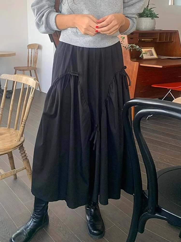 Schicker A-Linien-langer Rock mit hoher Taille und Fliege, reine Farbe, Frühlingsfaion für Frauen, Ele Slimming f Body-Röcke