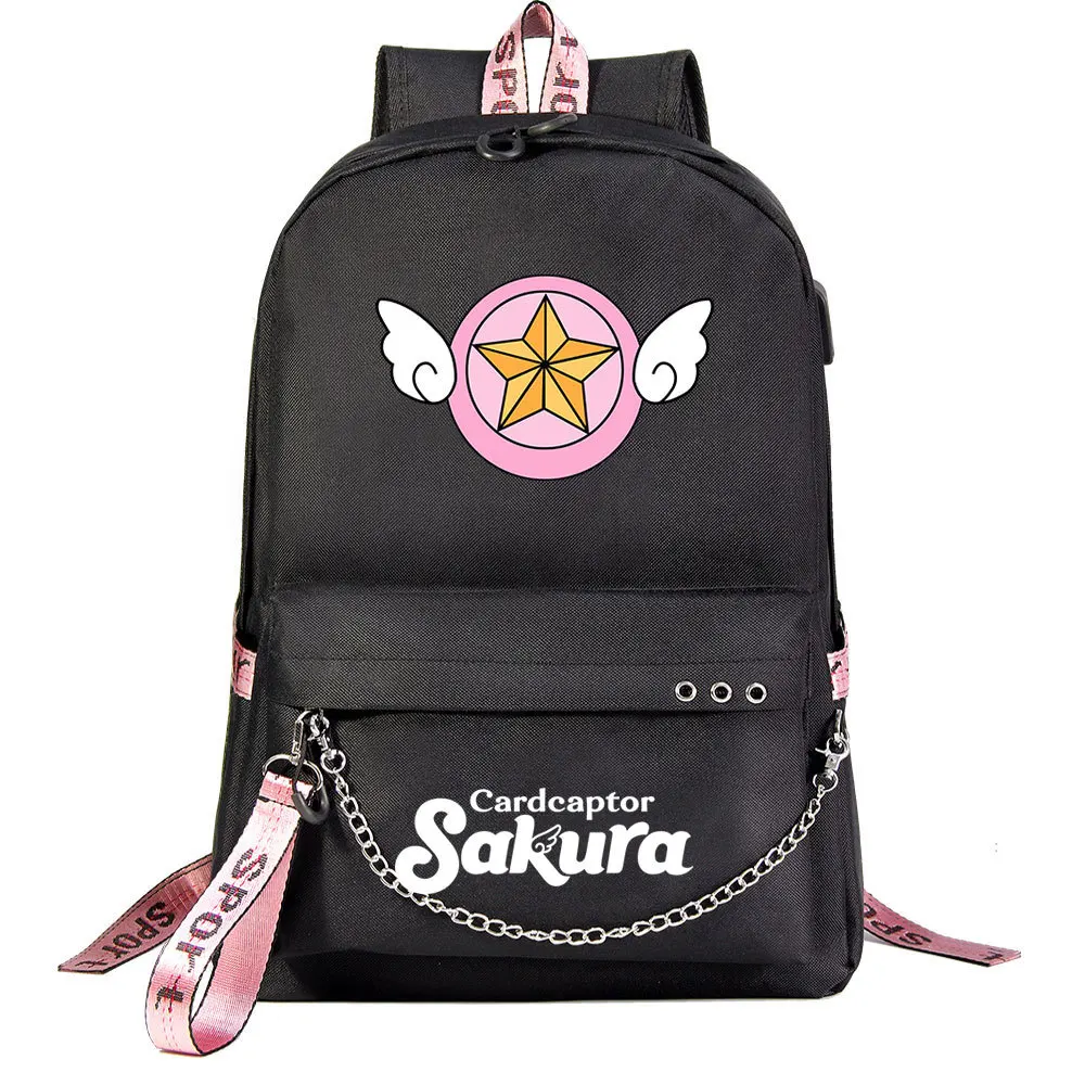 Anime sakura menina cartão captor usb mochila escola livro sacos fãs sacos de viagem portátil corrente fone de ouvido