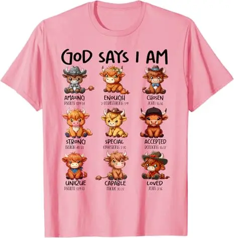 Schottisches Kuh-T-Shirt: Gott sagt, ich bin eine Highland-Kuh – Christliches religiöses Kleinkuh-T-Shirt, Y2K Glaube Jesus Bibelvers Tee Bekleidung – Detail 7