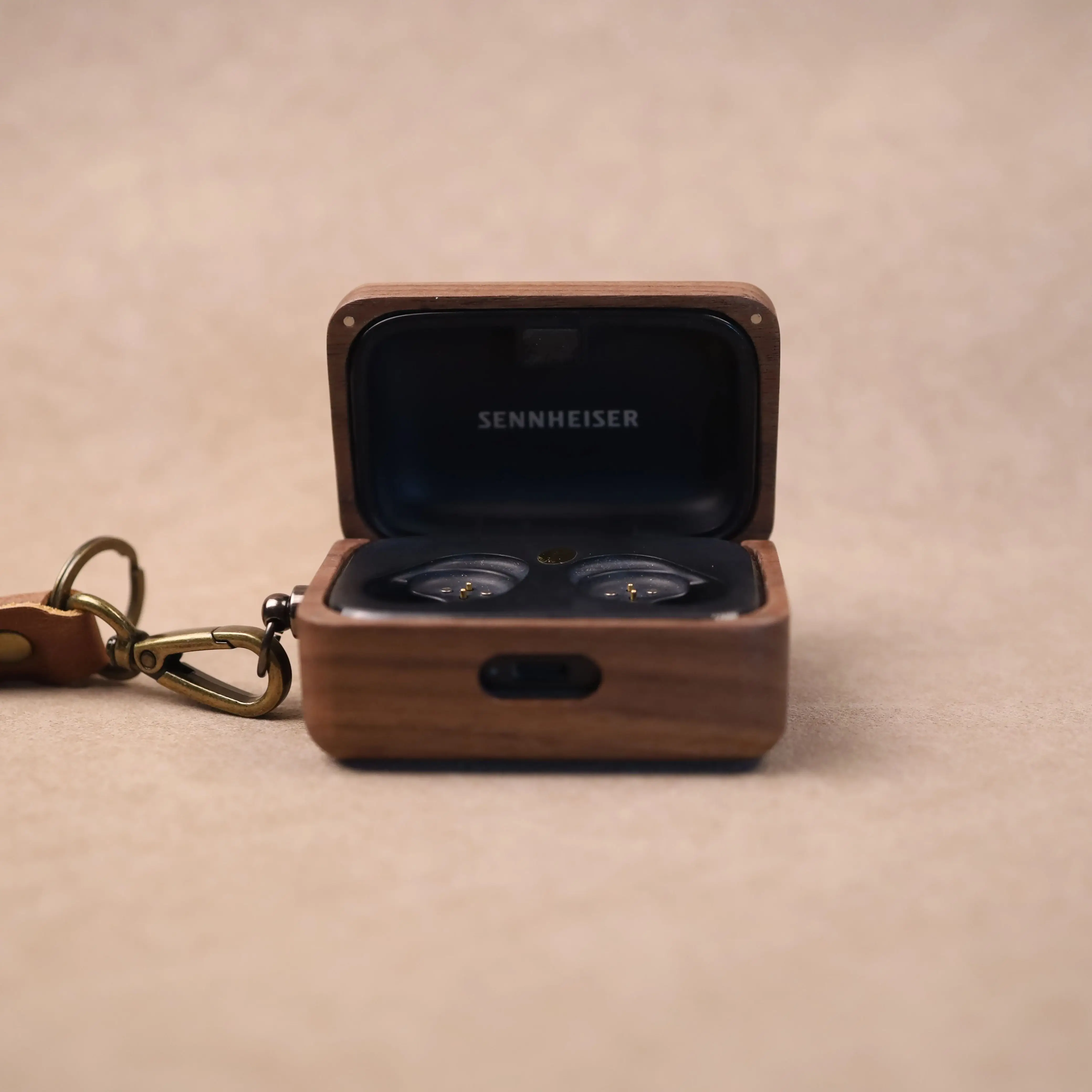 Walnut Solid Wood Case for Sennheiser MOMENTUM True Wireless 3 / 4 – Hand-Carved Protective Cover With Free Metal Hook