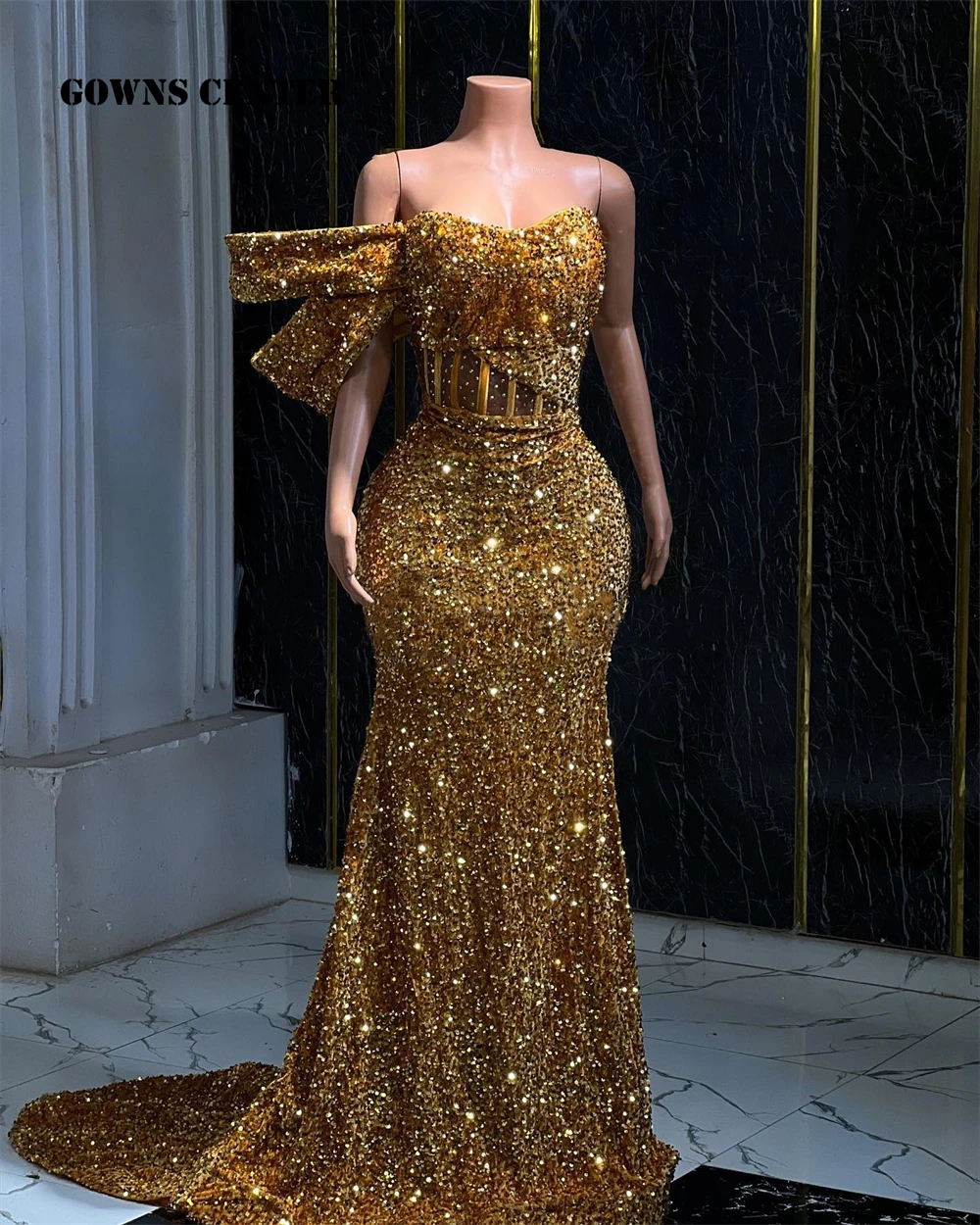 Dazzling Gold Aso Ebi Evening Dresses Luxury 2024 Beaded Sequins Mermaid African Wedding Party Dress Formal Gown Customized