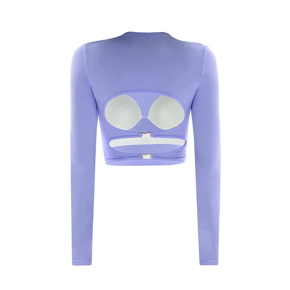 Women's Cutout Back Yoga Top, Built-in Bra Long Sleeve Shirt, Slim Fit Workout Shirt with 4-Way Stretch for Gym