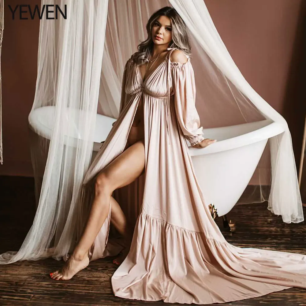 Sexy Shoulderless Satin Gown Evening Dress Pregnancy Shooting Dress Maxi Gown for Photo Shoot Photography Props YEWEN DY21721