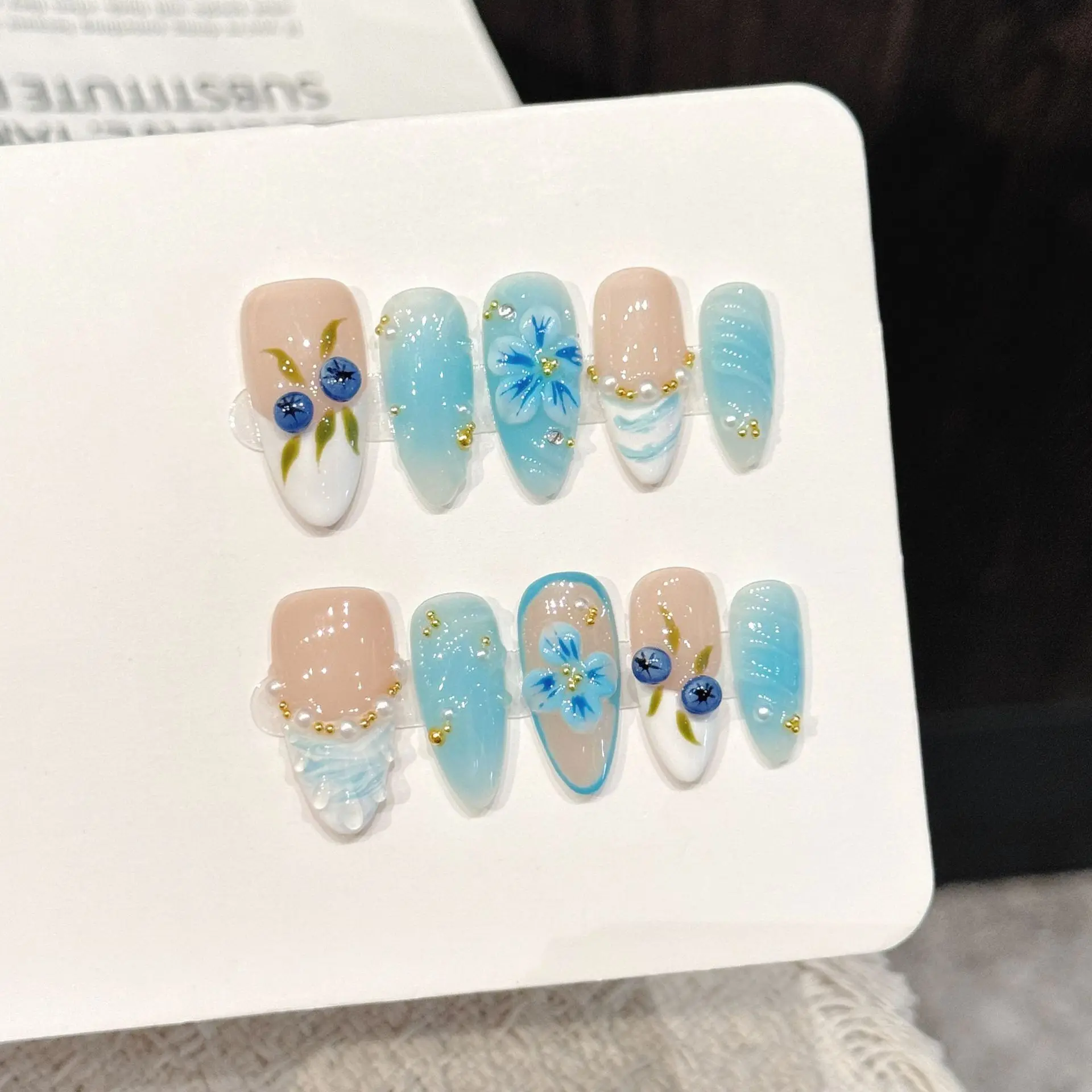 10Pcs Handmade Nails Blue Sea Berry Tale Ice Blue Gradient Nail Tips Hand Painted Blueberry Carving
