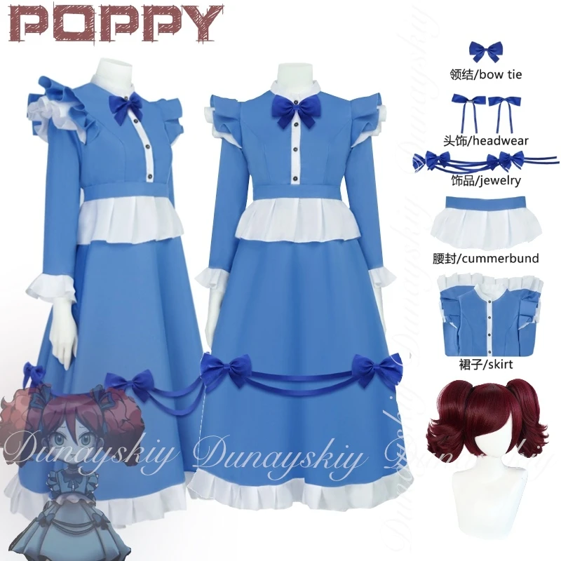 

Helloween Po--ppy Play Time IV Game с сине-белым платьем и красным париком The Red Hair Girl Косплей Костюм Полный костюм