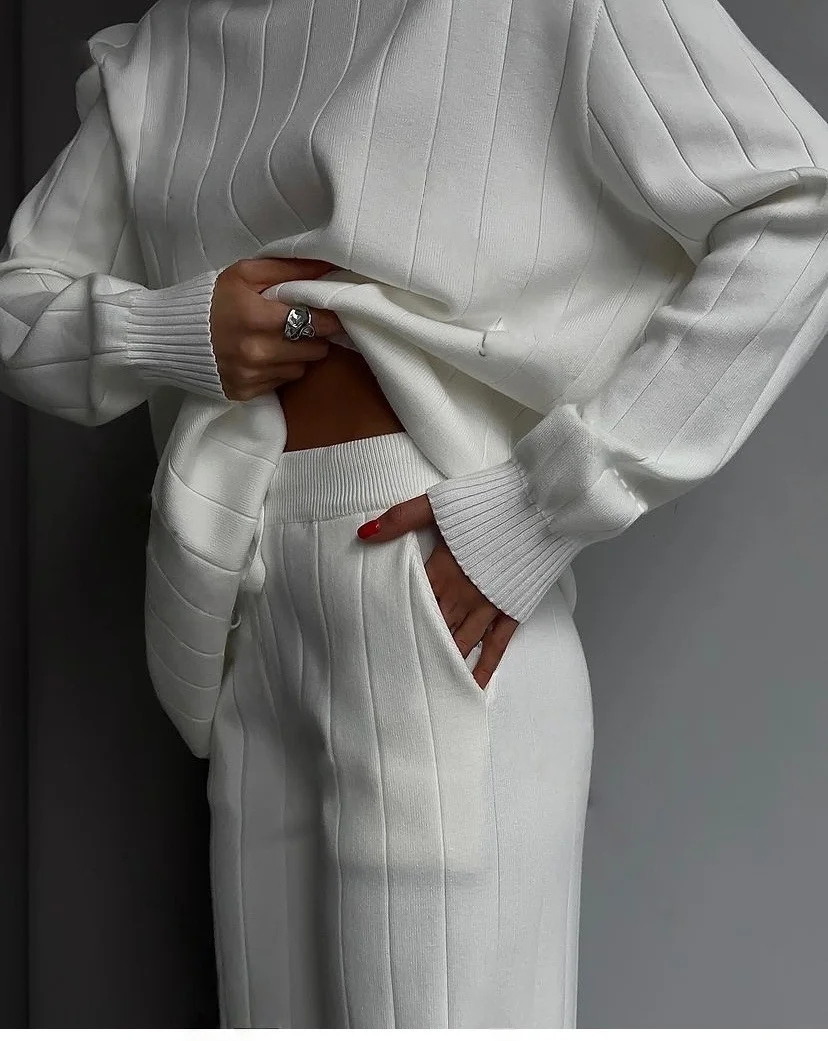 REALEFT 2025 الخريف الشتاء 2 قطع المرأة مجموعات محبوك رياضية الياقة المدورة سترة ومستقيم الركض بانت الدعاوى وتتسابق #6