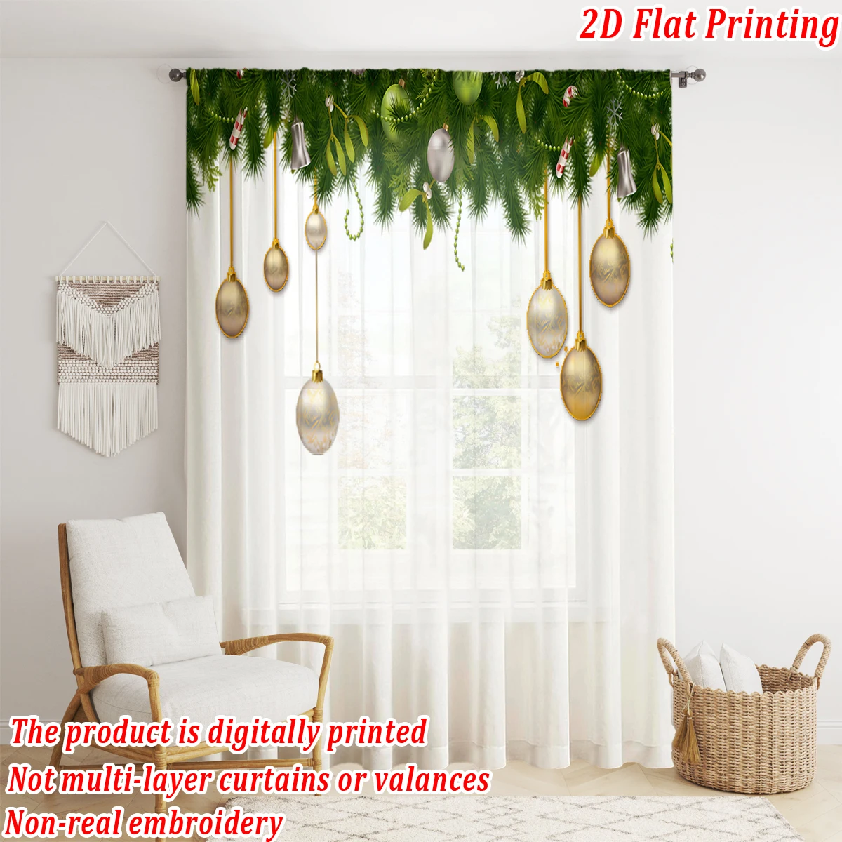 ستارة شفافة مطبوعة مسطحة لعيد الميلاد مع كرة عيد الميلاد فروع الصنوبر الحلوى لغرفة المعيشة وغرفة النوم وحفلات العطلات