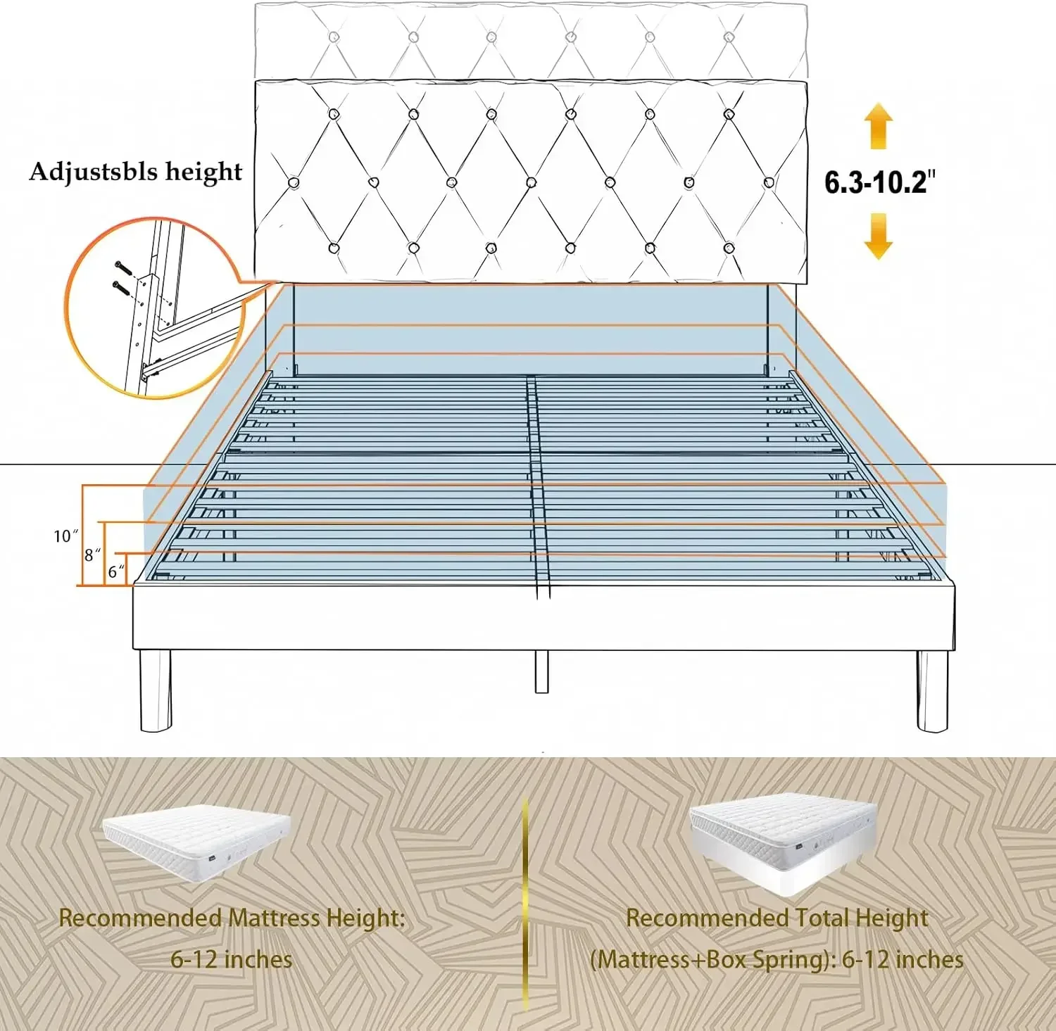 Cadre de lit queen size, plateforme en velours avec planche de sauna, assemblage facile, pas besoin de ressorts, antidérapant et antibruit