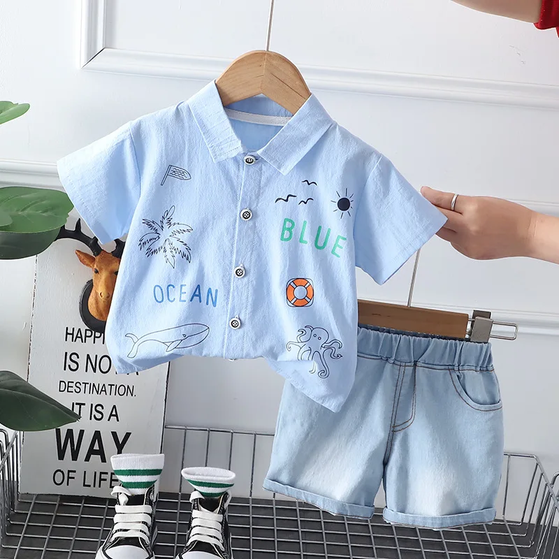 2024 Boutique Baby Boy Summer Sets Clothes for Kids Boys 2 To 3 Years Fashion Whale Printed Short Sleeve Shirts and Shorts Suits