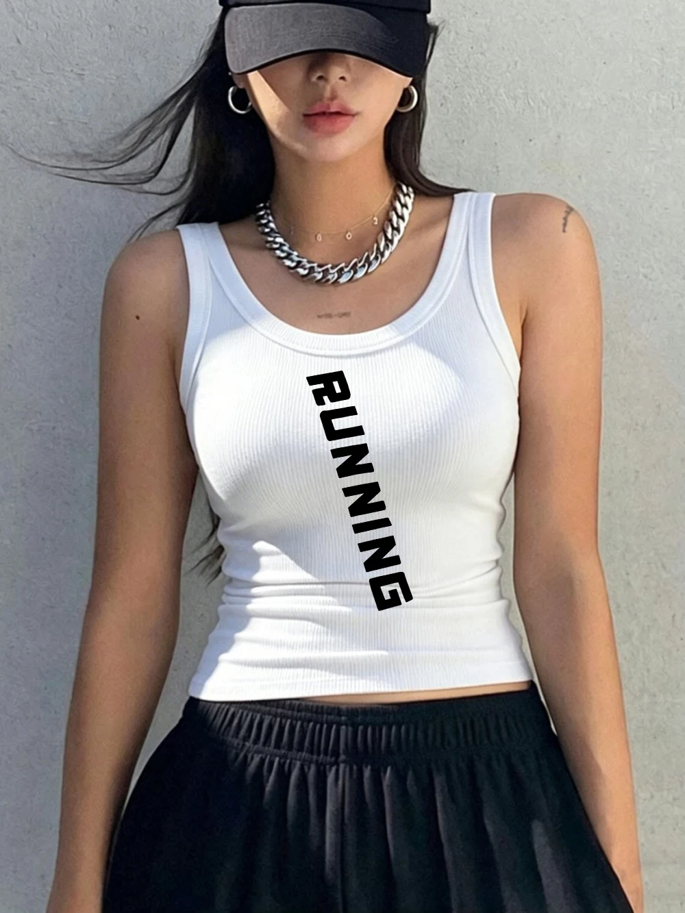 Running Letter Creative Prints Vest Summer Y2K Womens Cotton Tank Tops Slim O-Neck Ribbed Knit Sleeveless Sporty Soft Singlet