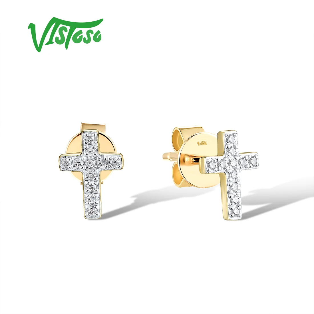 

VISTOSO Authentic 14K 585 Yellow Gold Stud Cross Earrings For Women Sparkling Diamonds Dainty Wedding Anniversary Fine Jewelry