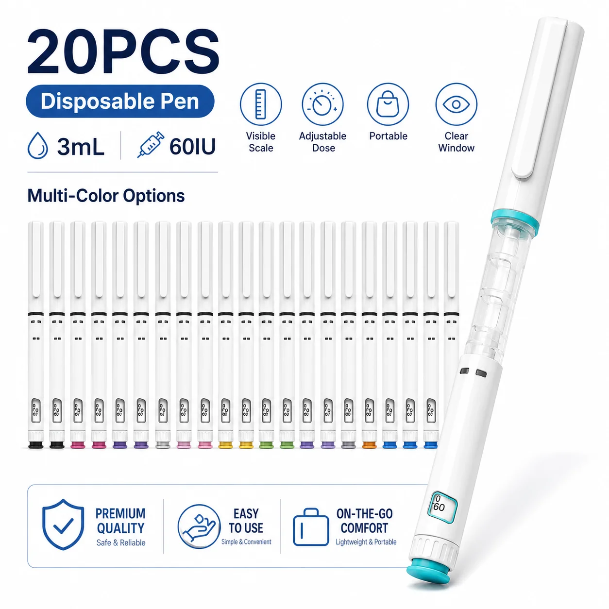 20PCS Disposable Injection Pen Portable Insulin Pen Colorful Peptide Pen Self-Injector Pen 3ml 60IU Home Cartridge Insulin Pen