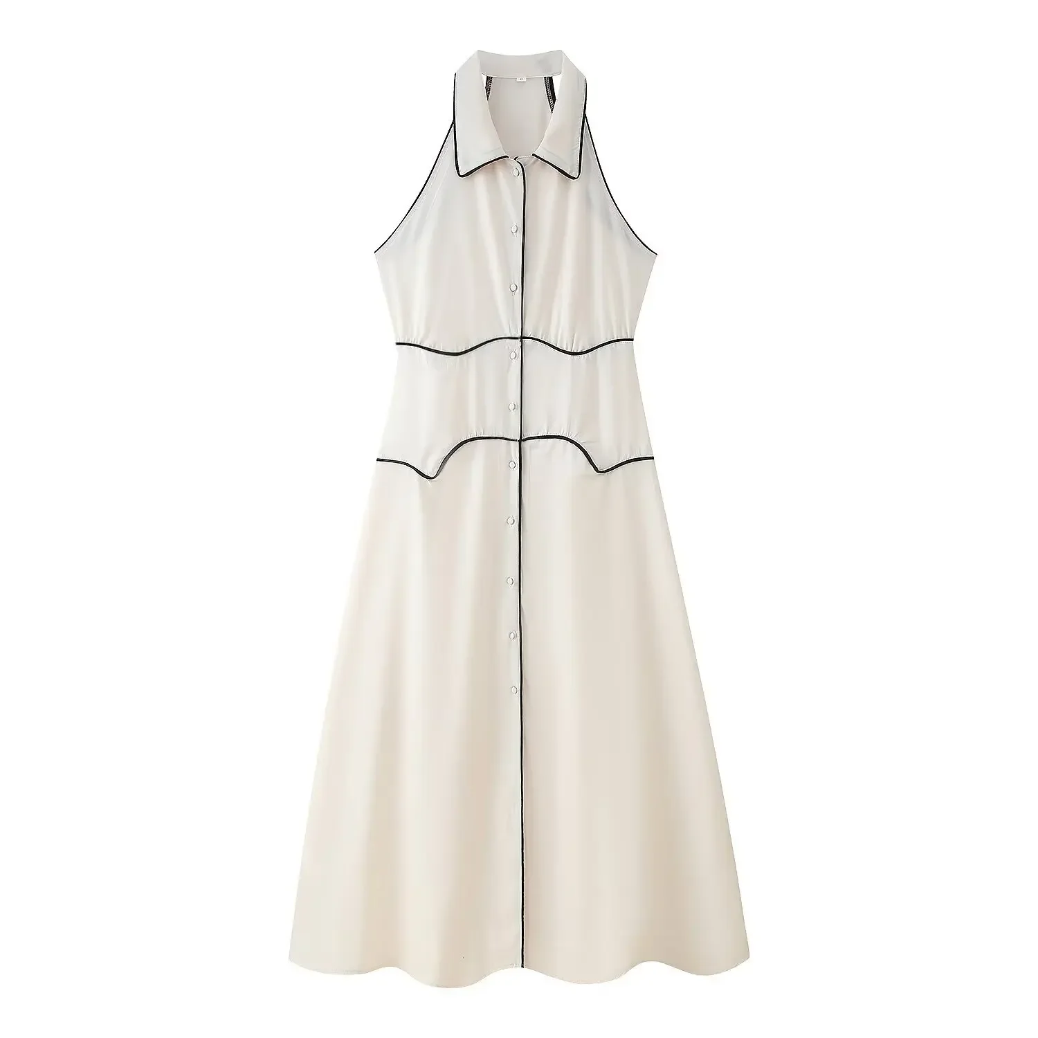 

New Summer Vestidos Female Pleated A-line Lapel Single Breasted Dress Sleeveless Evening Maxi Robe