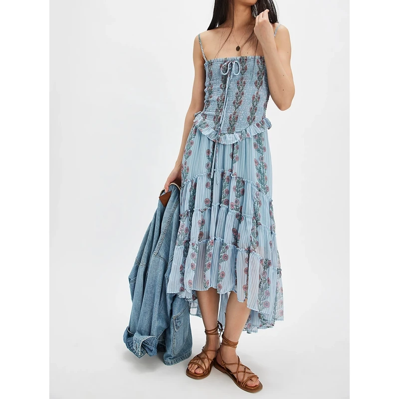 Combhasaki ผู้หญิงดอกไม้พิมพ์ Smocked Corset Tie-up สแควร์คอสปาเก็ตตี้สายรัด Backless Tiered Ruffled A-Line Midi Cami ชุด