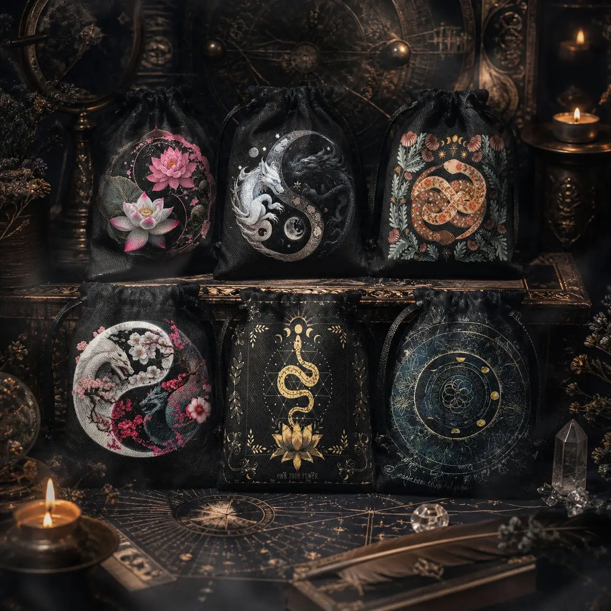 Tarot Card Drawstring Pouch Witchy Occult Divination Storage Bag Moon Snake Dragon Lotus Witch Divination Gift Bags