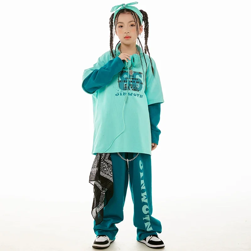 Street Dance Performance Costume New Hip Hop Dance Clothes Girls Boys Long Sleeves Blue Tops Pants Jogger Wear Kids Jazz