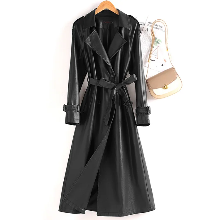 2026 Faux Leather Trench Coat Women Double-breasted X-long Overcoat Spring Autumn Sashes Windbreaker Streetwear Lady Outerwear