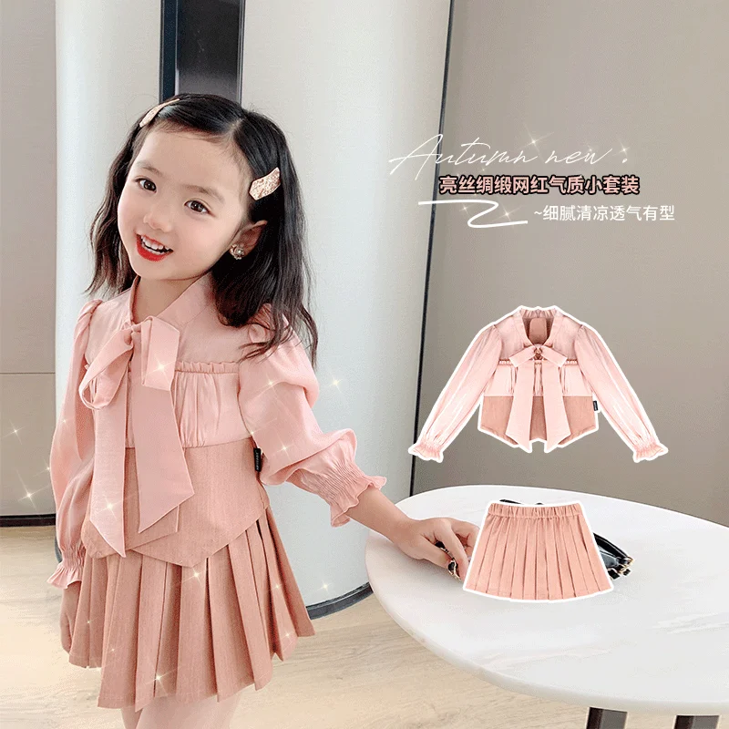 

Elegance Spring Autumn Childent Coat Girls Princess Pink Long sleeve Casual Bow Shirt+Pleated Short Skirt 2Pcs Princess Suits