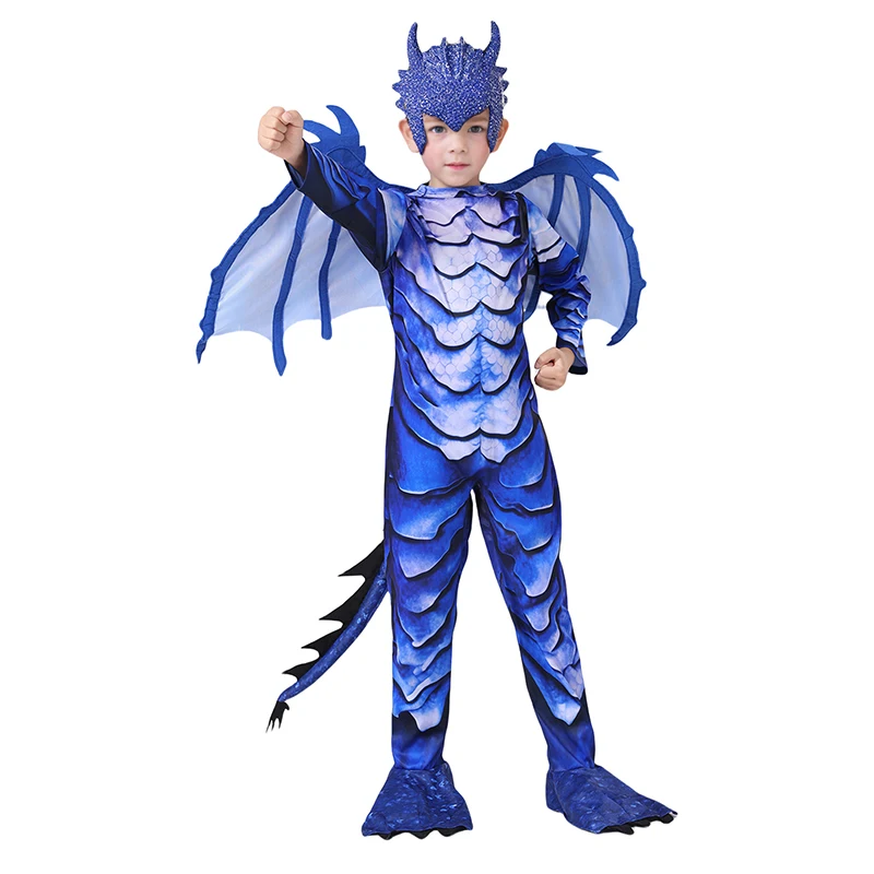 Superhero The Frost Dragon Knight Jumpsuit Wing Tail Cosplay Anime Party Carnival Festival Halloween Costume for Kid Mask