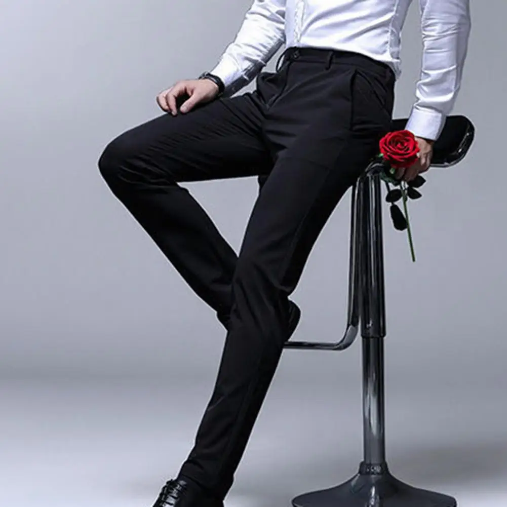 

Men Suit Pants Men's Slim Fit Anti-wrinkle Suit Pants with High Waist Pockets Stretchy Soft Breathable Business Formal Trousers