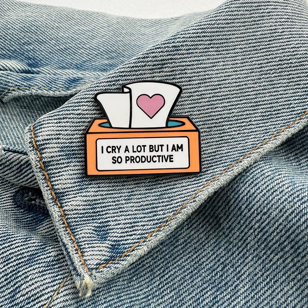 I Cry A Lot But I Am So Productive Tissue Box Brooch Humorous Quote Pin Heart Pattern Badge Accessory Office Worker Jewelry Gift