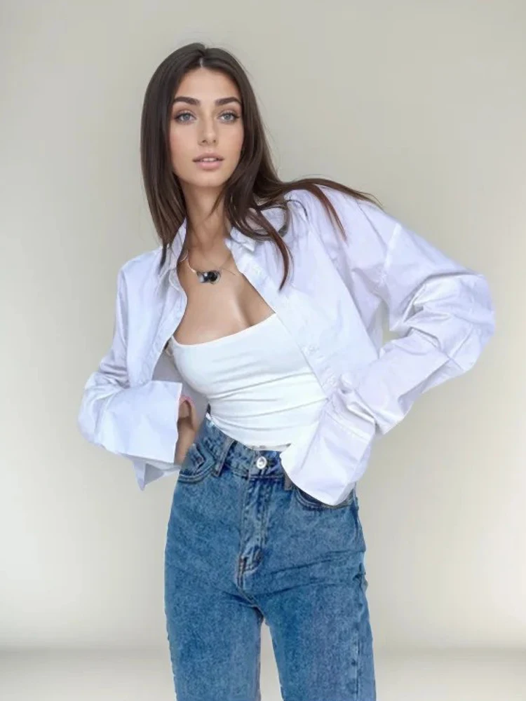 Zadily été 2025 Style coréen à manches longues chemise blanche Sexy bouton détail haut court femmes Streetwear Blouse femme vêtements