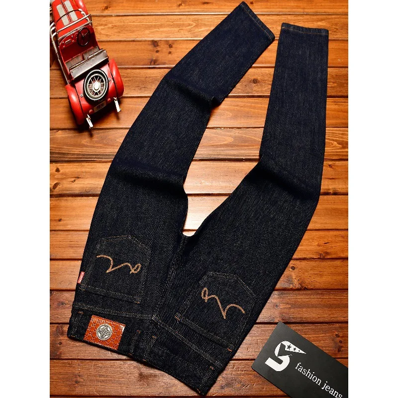 Deep blue jeans men's 2025 autumn fashion stretch slim fit fit Japanese style street trend embroidered small leg pants