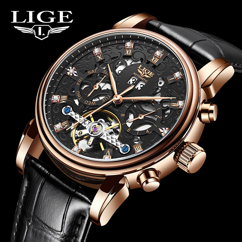 2023 LIGE Business Mens Mechanical Watches Top Brand Luxury Creative Automatic Date Watch For Men Leather Waterproof Wristwatch