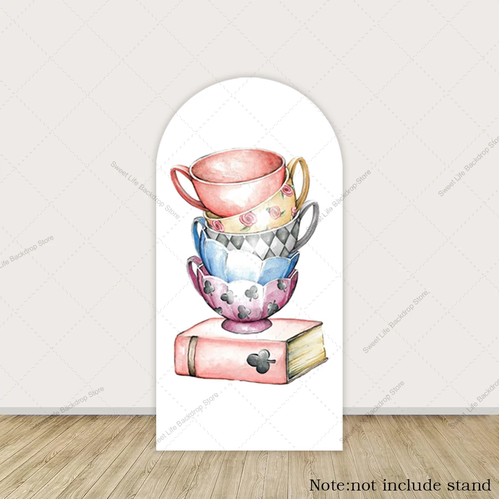 Cartoon Princess Arch Backdrop Cover Clock Poker Teacup Girl Birthday Party Decor Baby Shower Photo Background Arched