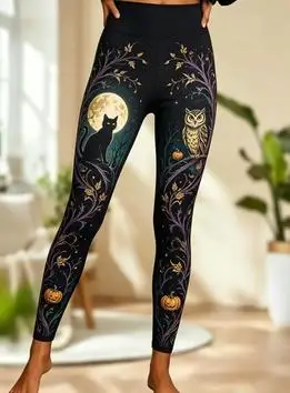 Women Mid‑Rise Fleece Lined Leggings, Halloween Witch Moon Pumpkin Print Slim Stretch Party Pants