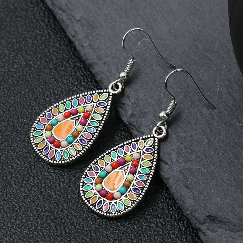 Vintage Bohemian Drop Dangle Earrings For Women Long Crystal Flower Hollow Geometric Enamel Ethnic Boho Wedding Earrings Jewelry