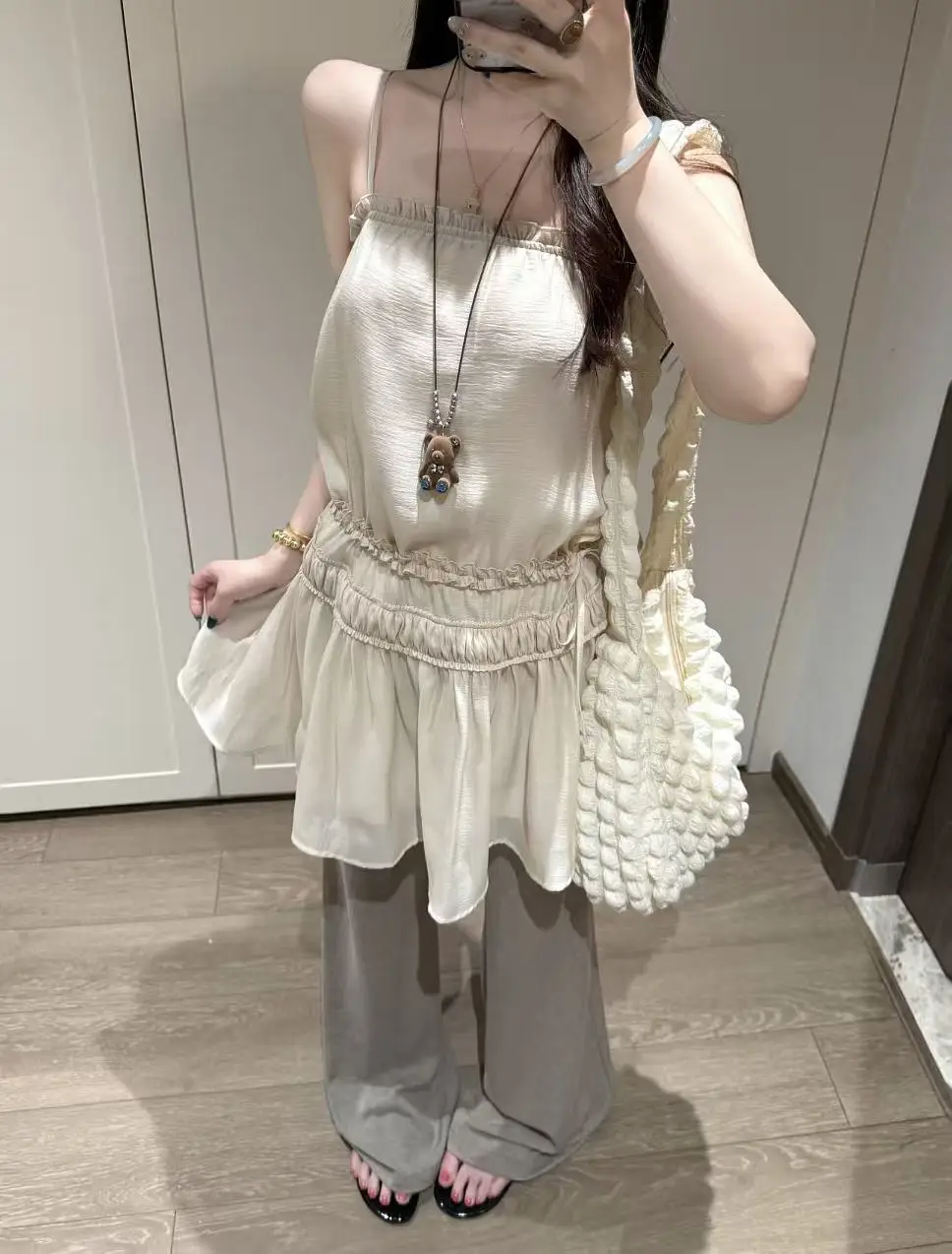 

Kumikumi Anti-Aging Wood Grain Ruffle Strap Dress Women's Summer Slimming Casual Pants Long Pants Two-Piece Set Fashionable E...