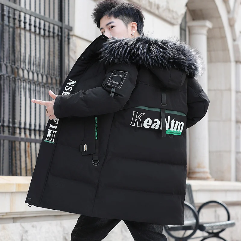 แฟชั่น 2024 ฤดูหนาวผู้ชายกลางความยาวเสื้อแจ็คเก็ตผ้าฝ้าย Outwear Thicken Down Coat เยาวชนหลวม Windproof WARM FUR COLLAR Parkas