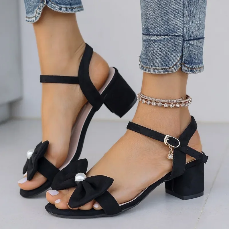 

Ladies Shoes 2025 Plus Size Modern Women's Sandals Brand Dress Sandals Women Bow Tie Buckle Strap Med Heel Open Toe Shoes Women