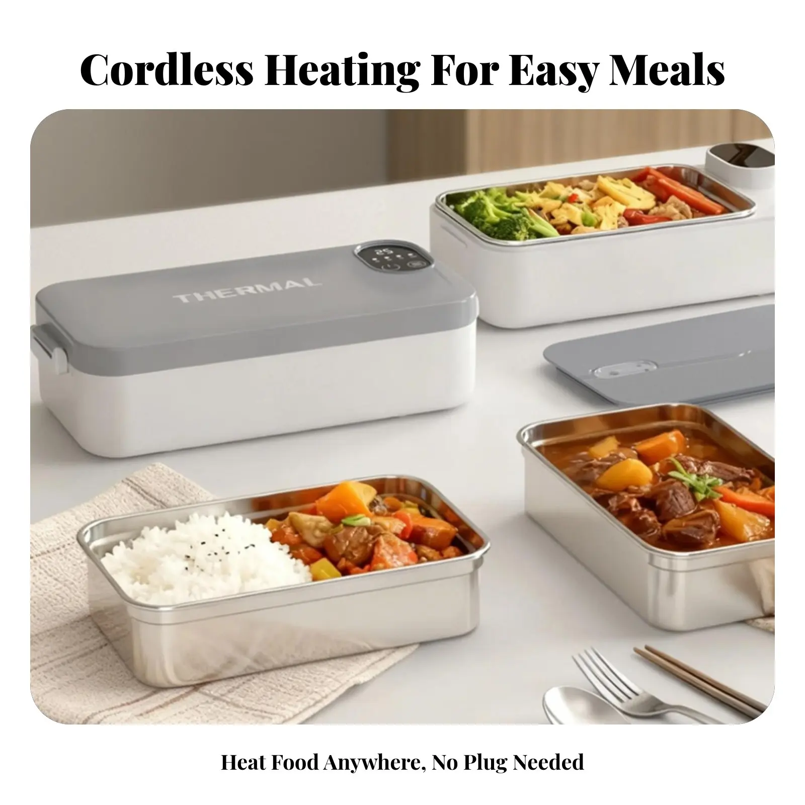 

Перезаряжаемый беспроводной контейнер для еды с подогревом, портативный ланч-бокс, не требует воды, термоизолированный, из нержавеющей стали 304, для школы