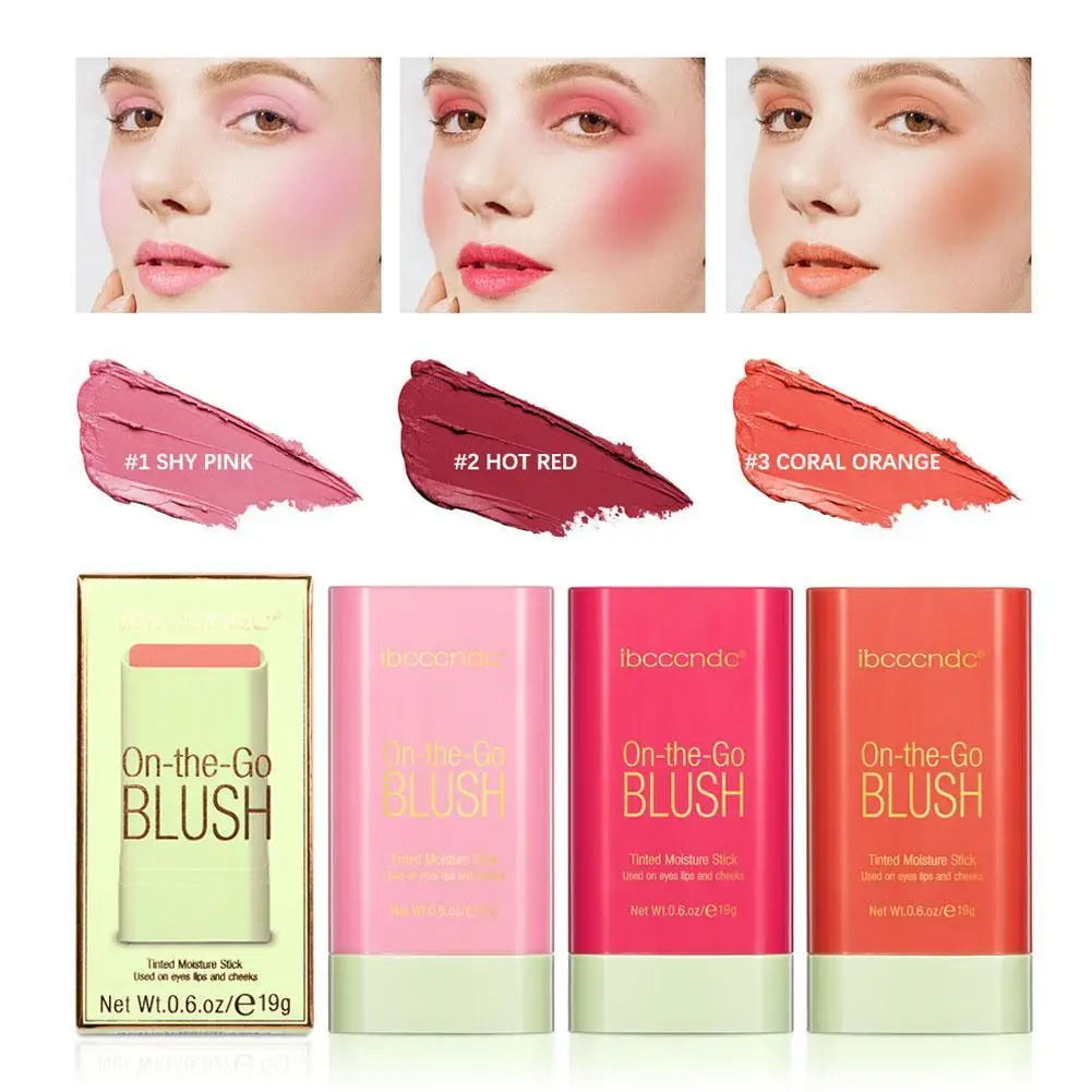 3-in-1 Cheek Lip Tinted Moistured Blush Stick Eyes Cheek and Lip Brighten Cream Bronzer Highlight Stick Matte Contour Makeup