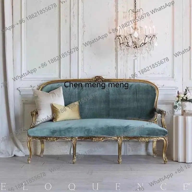 American retro solid wood carving flower British living room single sofa French villa balcony golden sofa view 2