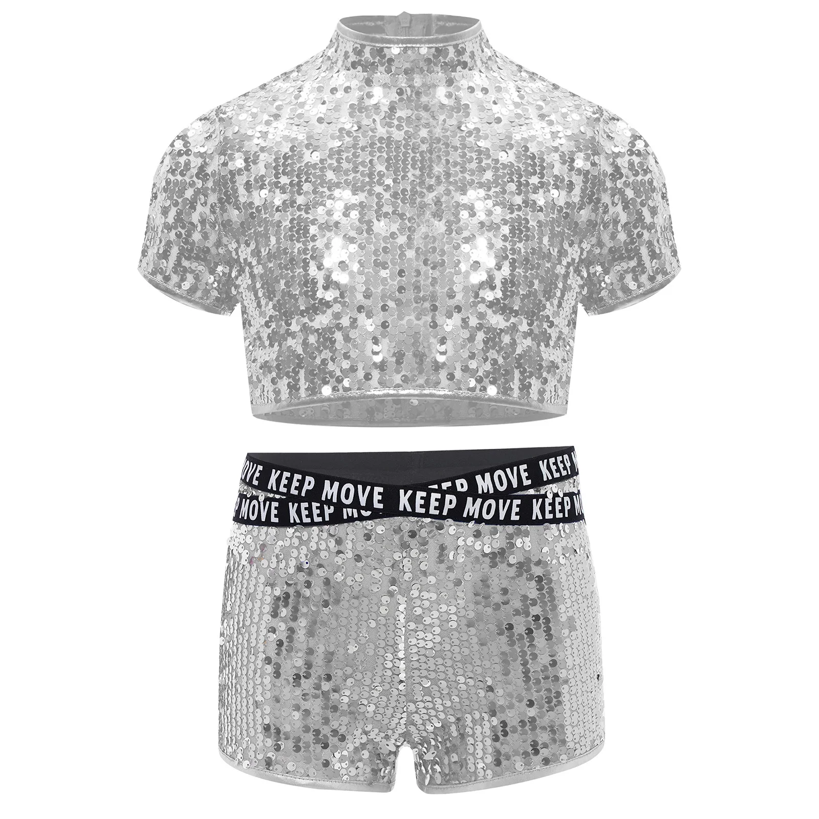 2Pcs Kids Girls Sparkly Sequins Cheerleading Jazz Dance Outfit Short Sleeve Crop Top Shirt+Booty Shorts for Hip-hop Streetwear