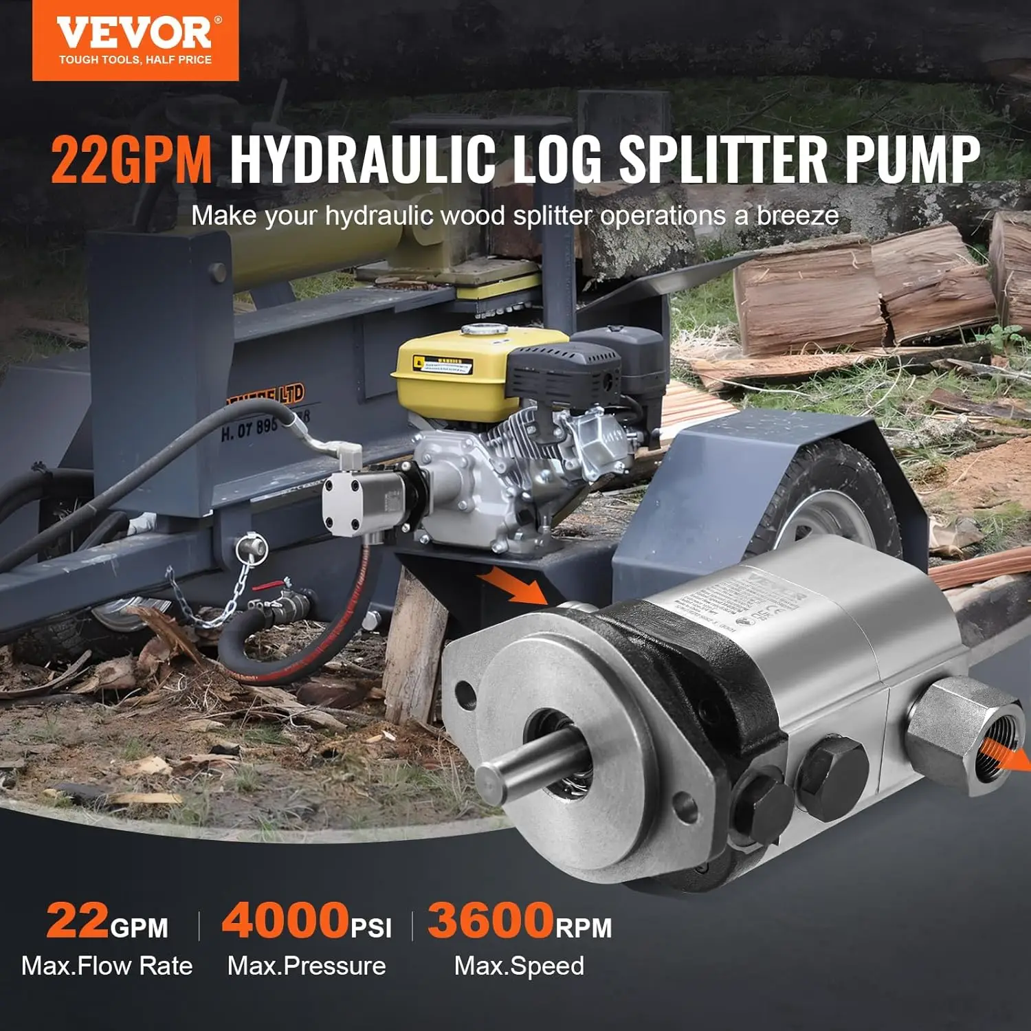 Hydraulic Wood Log Splitter Pump Kit, 22GPM, 2 Stage 4000PSI Aluminum Hydraulic Gear Pump, with Valve Coupling Installatio