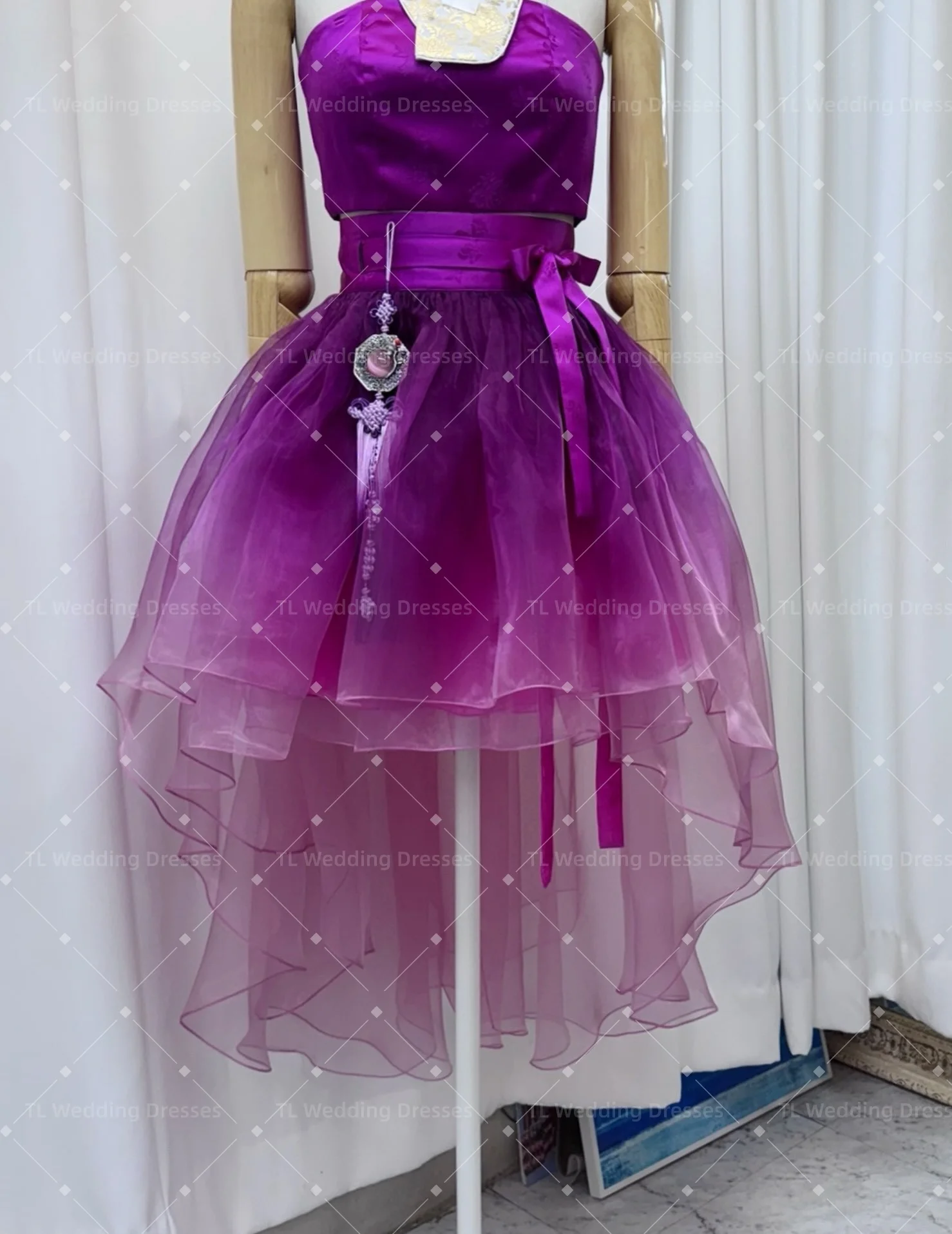 TL Customized 2027 Modern Hanbok Evening Dress Purple Gradient Halter Top High Low Organza Skirt Prom Gowns Photo Shoot