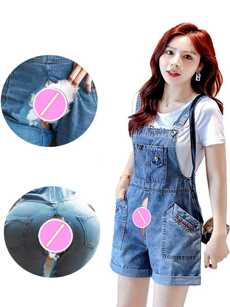 

Boyfriend Denim Outdoor Sex Open Crotch Pants Loose Rompers Suspender Shorts Women's Summer Korean Sexy Playsuits Cargo Jumpsuit