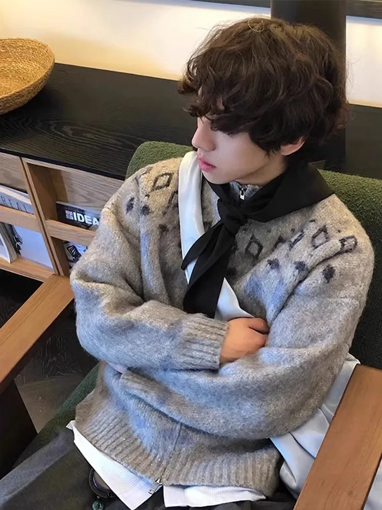 

Nordic Sle Fair Isle Knit Sweater Men's Vintage Retro Open Cardigan Winter Casual Loose Fit Long Sve round Ne Sweater