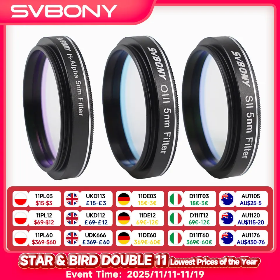 

Svbony SV227 1.25" 5nm Narrow-Band Filter Kit H-Alpha SII-CCD OIII-CCD SHO for DSO Mounted Deep Sky Observing Light Pollution