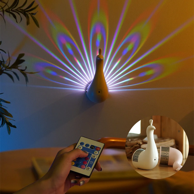 Peacock Projection Lamp Wall Mounted Night Light USB Rechargeable Remote Control Color Changing Mood Lighting Bedroom Decor Gift