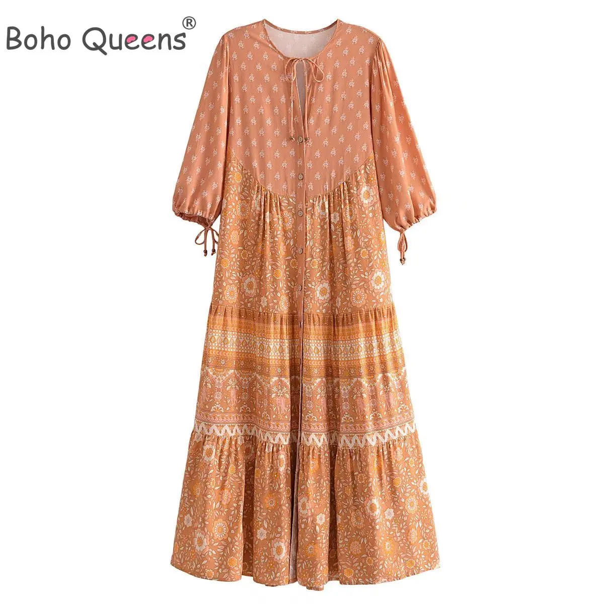 Boho Queens Womenm Floral Print Beach Bohemian Maxi Dress Ladies Half Sleeve Single Breasted Rayon Cotton Dresses Vestidos